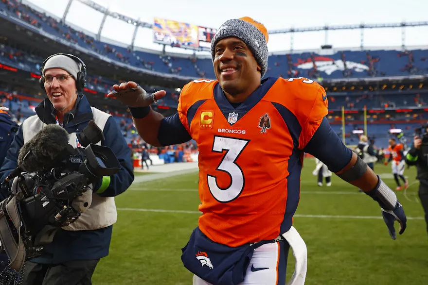 Russell Wilson of the Denver Broncos reacts after beating the Kansas City Chiefs, and we offer new U.S. bettors our exclusive BetMGM bonus code.