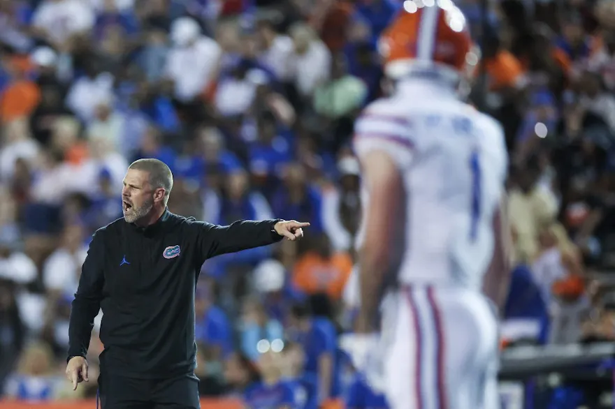 Head Coach Billy Napier of the Florida Gators reacts as we look at our best Utah vs. Florida prediction.