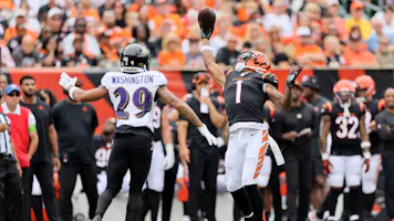 Ja'Marr Chase #1 of the Cincinnati Bengals makes a catch as we round up our NFL predictions for Week 3