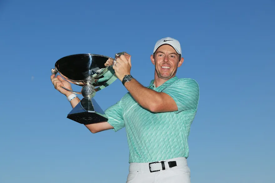 Rory McIlroy of Northern Ireland celebrates with the FedEx Cup after winning during the final round of the Tour Championship at East Lake Golf Club.