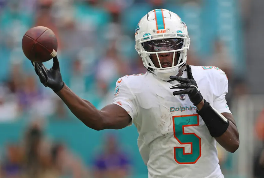 Teddy Bridgewater #5 of the Miami Dolphins passes against the Minnesota Vikings during the fourth quarter at Hard Rock Stadium on October 16, 2022 in Miami Gardens, Florida.
