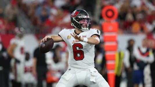 Tampa Bay Buccaneers quarterback Baker Mayfield (6) throws downfield as we look at the NFL survivor trap pick to avoid