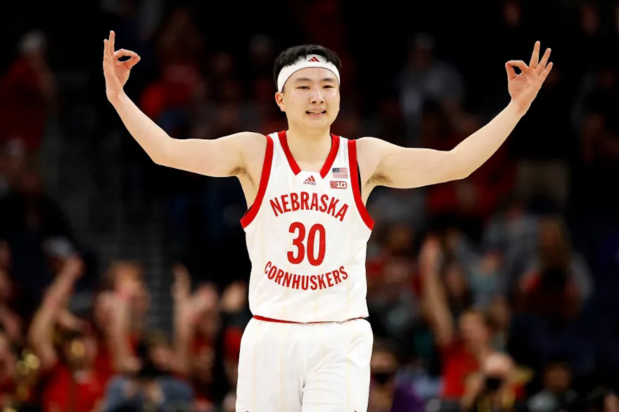 Keisei Tominaga of the Nebraska Cornhuskers celebrates against the Indiana Hoosiers. We expect Tominaga to have a big game in our Texas A&M vs. Nebraska prediction.