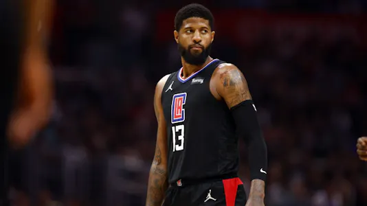 Paul George of the LA Clippers in the first quarter at Crypto.com Arena on April 06, 2022 in Los Angeles. Photo by RONALD MARTINEZ/Getty Images via AFP.