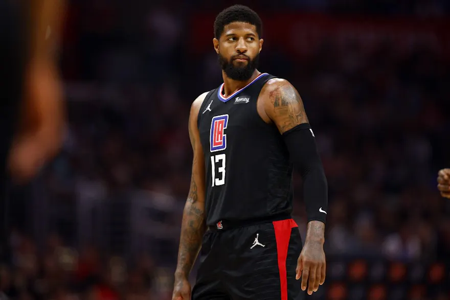 Paul George of the LA Clippers in the first quarter at Crypto.com Arena on April 06, 2022 in Los Angeles. Photo by RONALD MARTINEZ/Getty Images via AFP.