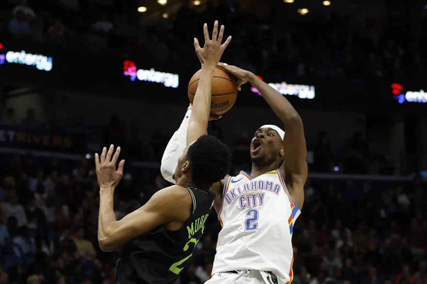 Shai Gilgeous-Alexander #2 of the Oklahoma City Thunder shoots the ball as we look at the Pelicans vs. Thunder Game 1 NBA player props