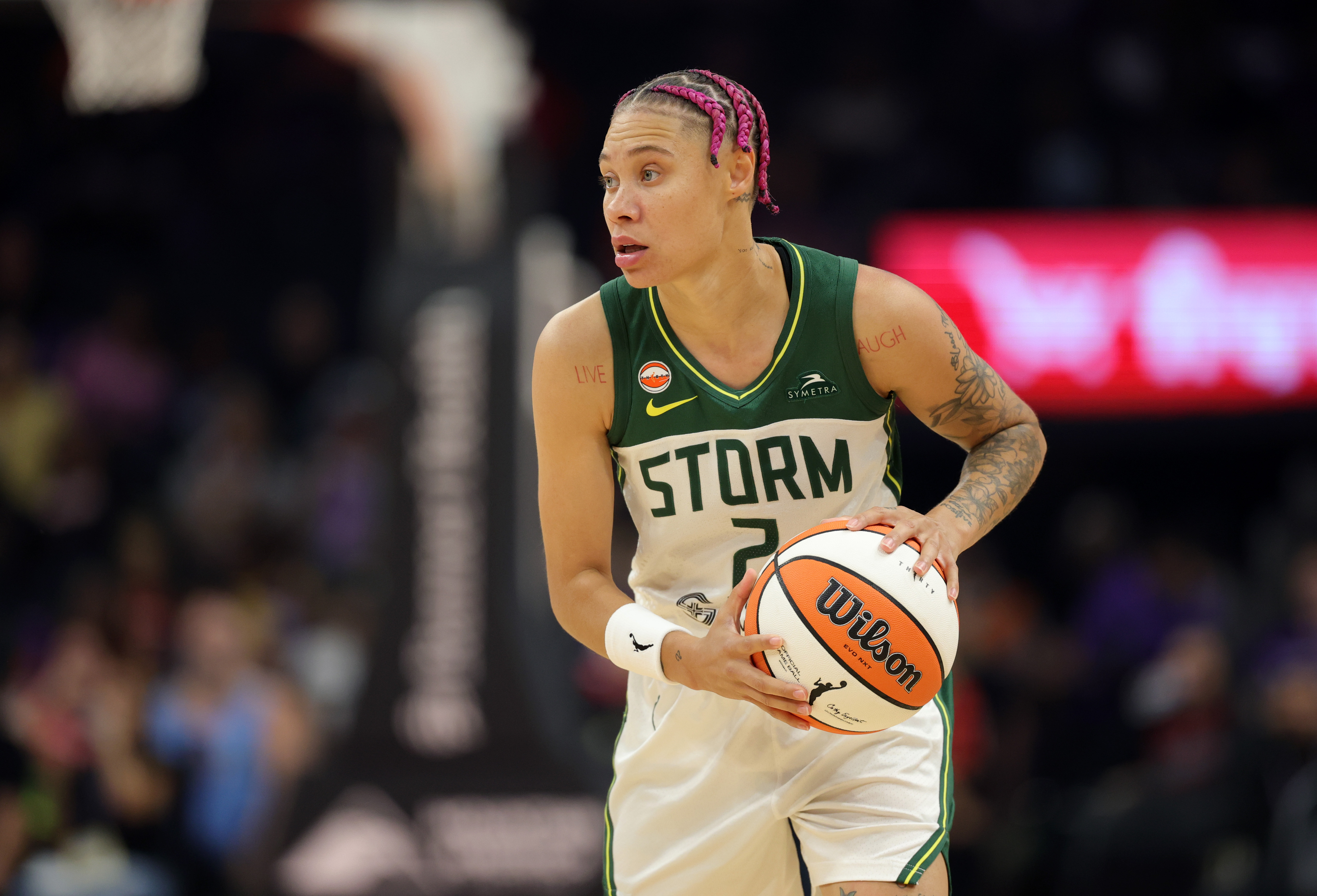 Seattle Storm guard Natisha Hiedeman (2) dribbles as she is featured in our Storm vs. Dream prediction.