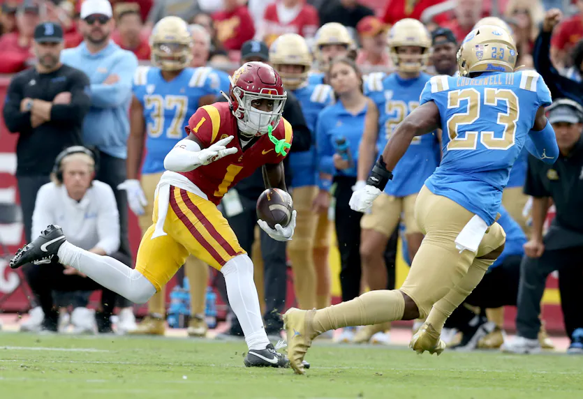 USC receiver Zachariah Branch runs against UCLA. We're backing Branch in our USC vs. LSU Player Props.