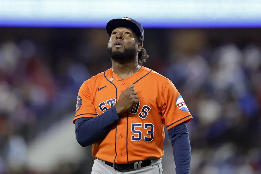 Cristian Javier of the Houston Astros reacts after closing out the first inning against the Texas Rangers in Game 3 of the ALCS, and we offer our top Rangers vs. Astros predictions for Game 7 of the ALCS based on the best MLB odds.