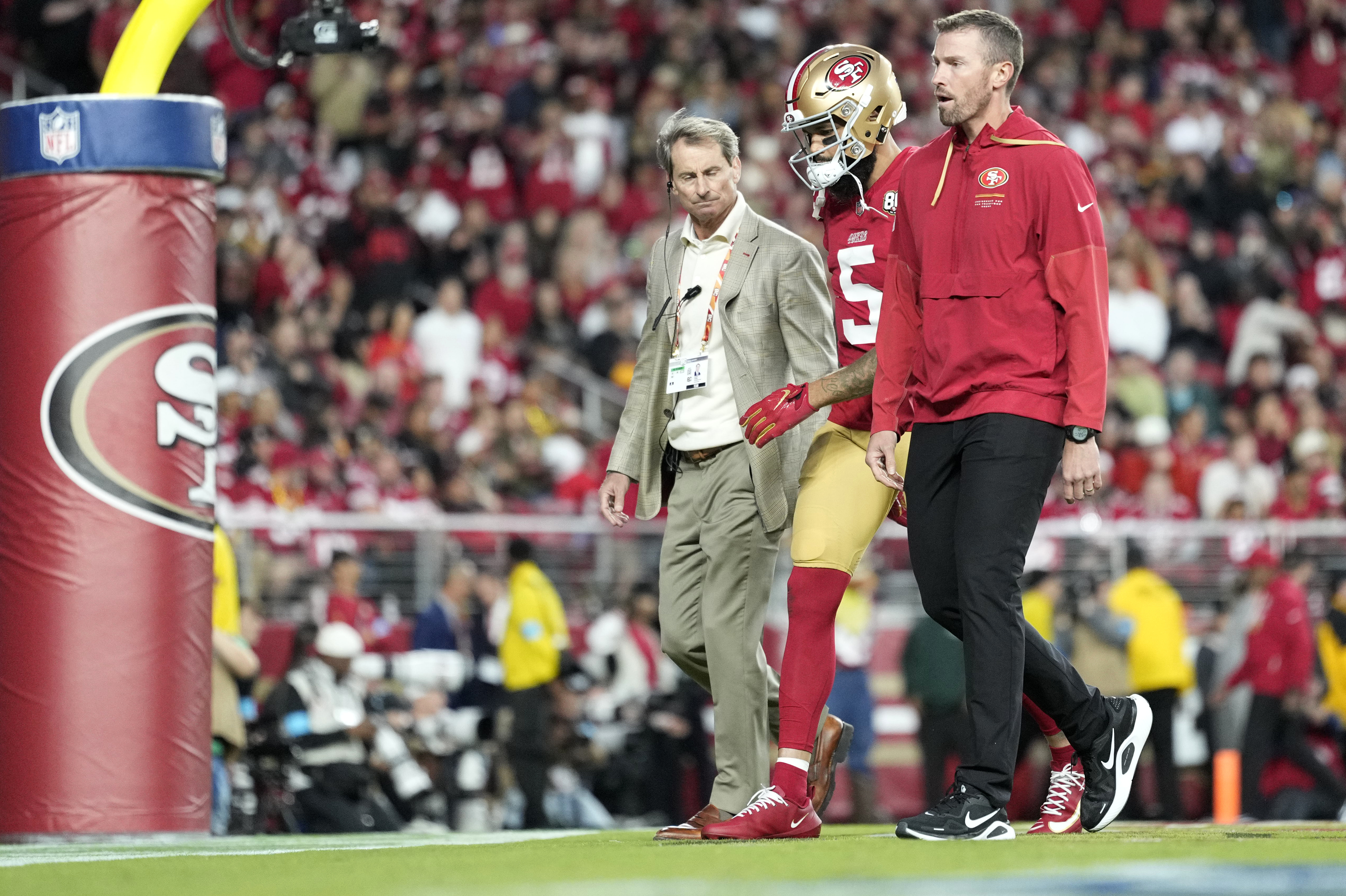San Francisco 49ers wide receiver Mike Evans leaves the field with an injury as look at the latest NFL Week 7 injury reports