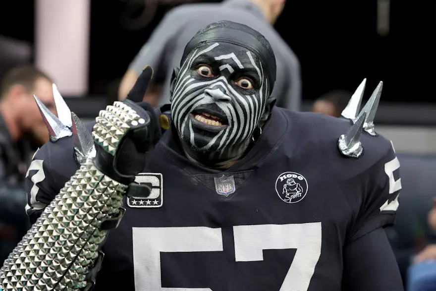 Las Vegas Raiders fan and Pro Football Hall of Fame member Wayne "The Violator" Mabry poses for photos before the 2022 NFL Pro Bowl at Allegiant Stadium on February 06, 2022 in Las Vegas, Nevada.