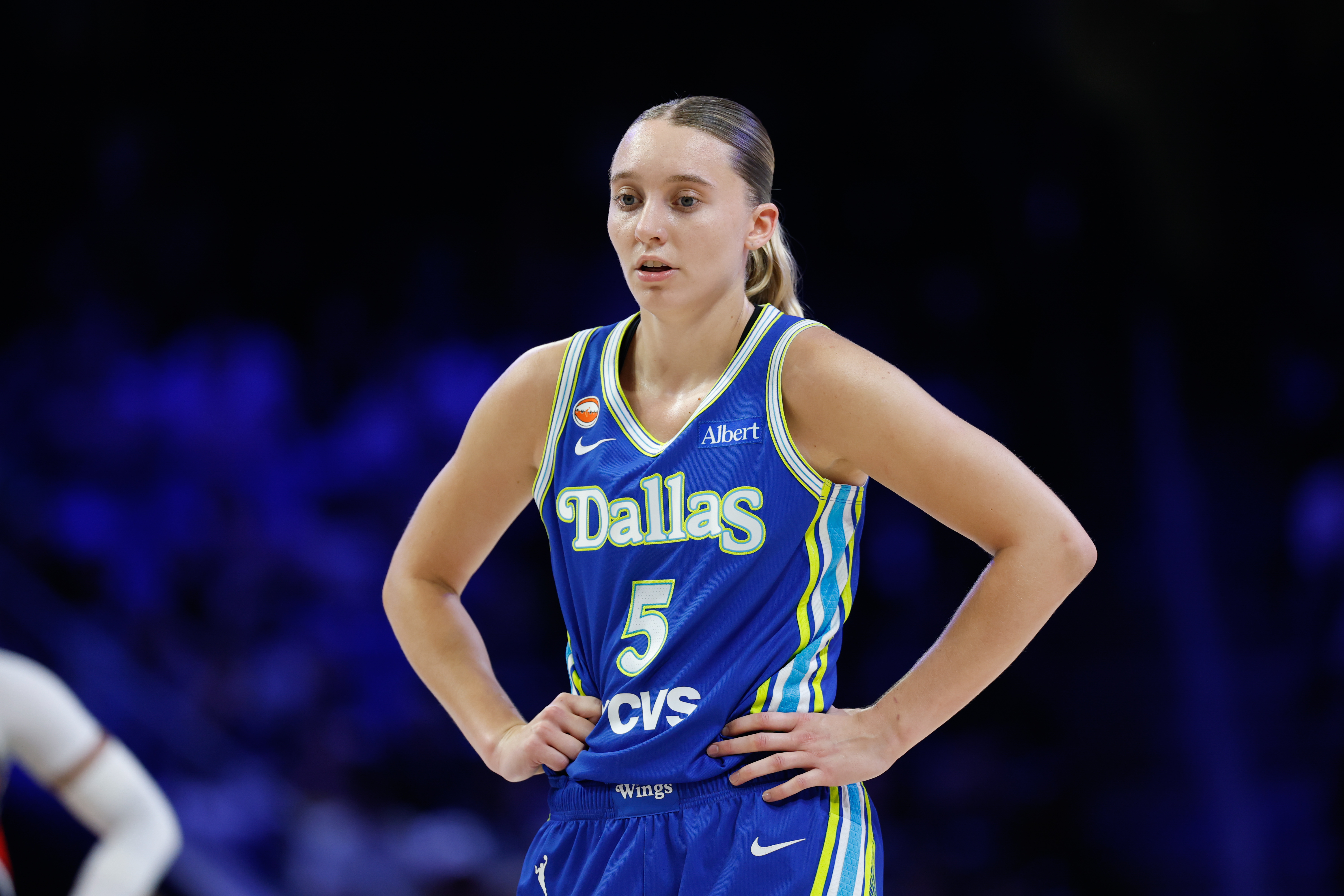 Dallas Wings guard Paige Bueckers (5), seen here reacting during a game, is featured in our Wings vs. Sky prediction today.