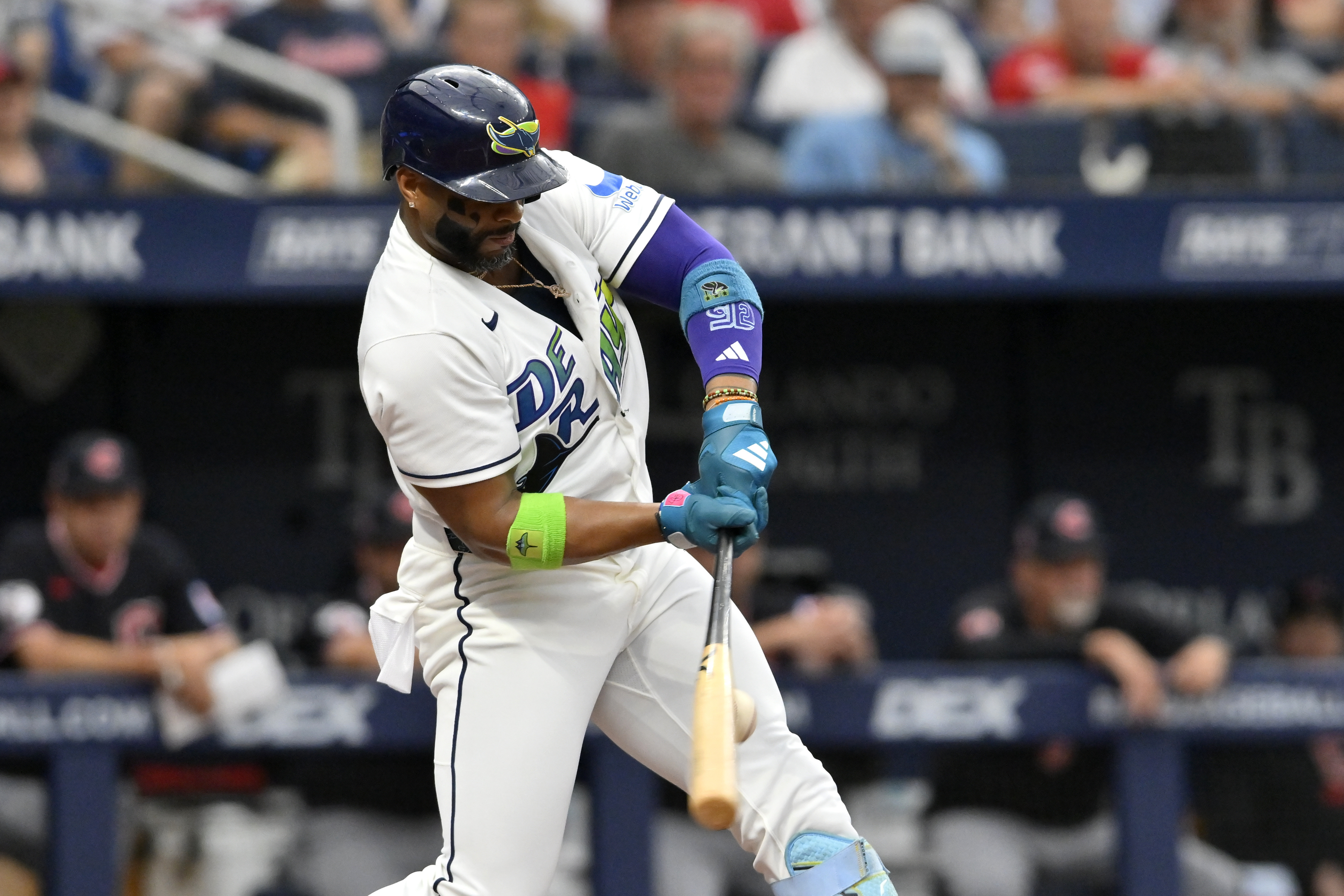 Tampa Bay Rays designated hitter Yandy Diaz (2) hits a foul ball. 