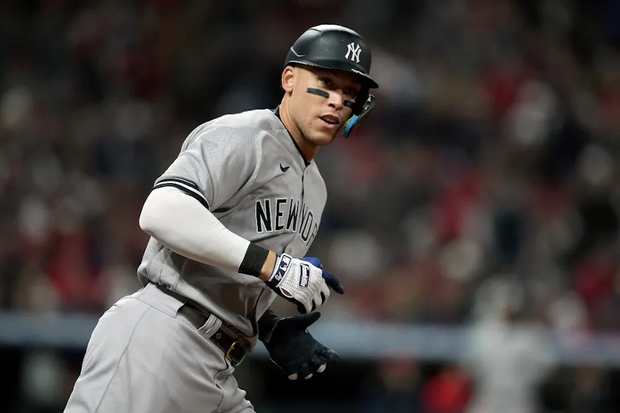 Aaron Judge of the New York Yankees hits a home run during the third inning against the Cleveland Guardians in Game 3 of the American League Division Series at Progressive Field.