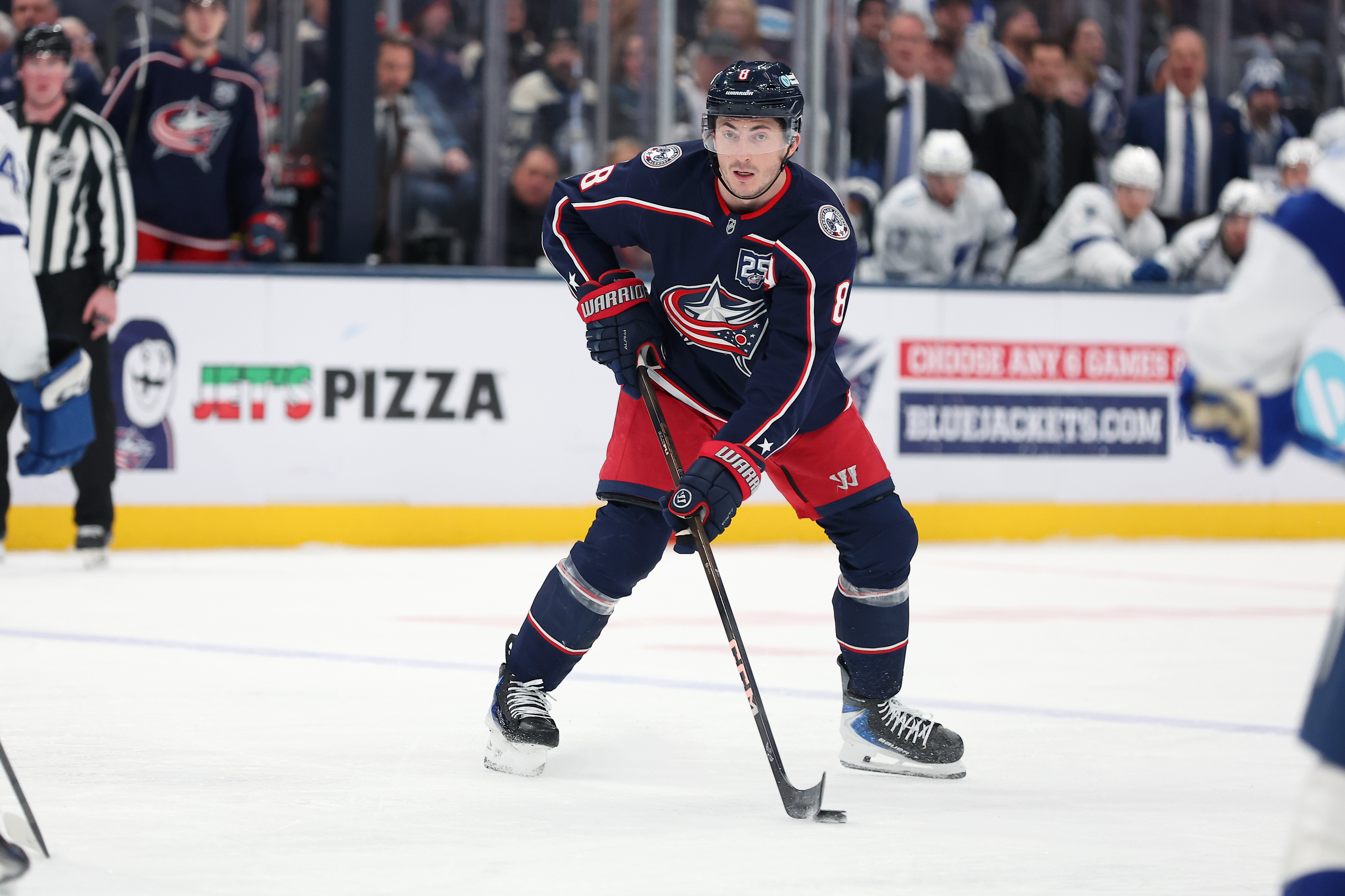 Columbus Blue Jackets defenseman Zach Werenski (8) looks to pass the puck as we break down the Norris Trophy odds.