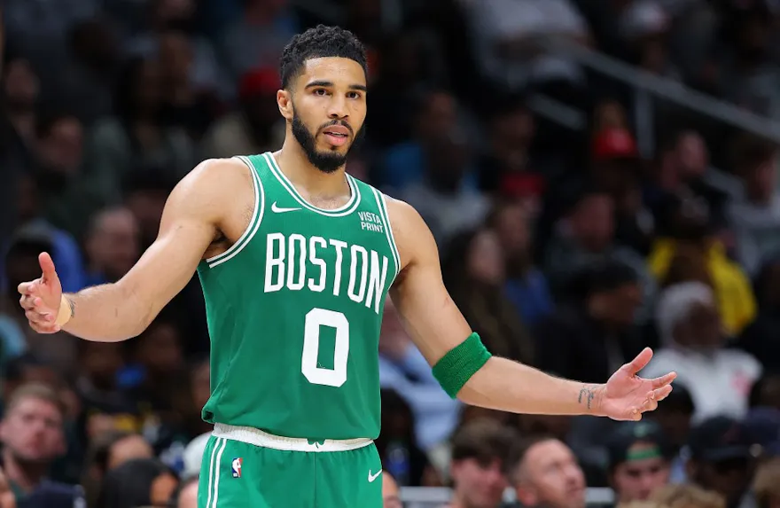 Jayson Tatum of the Boston Celtics reacts to a foul called during the fourth quarter against the Atlanta Hawks as we look at our Cavaliers vs. Celtics player props.