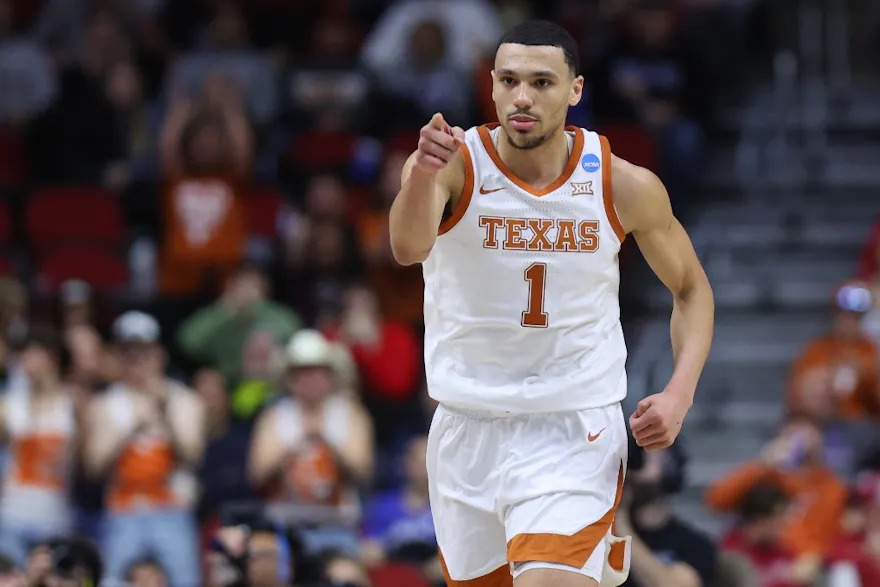 Dylan Disu #1 of the Texas Longhorns reacts after his made basket as we look at our best Xavier vs. Texas prediction