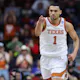 Dylan Disu #1 of the Texas Longhorns reacts after his made basket as we look at our best Xavier vs. Texas prediction