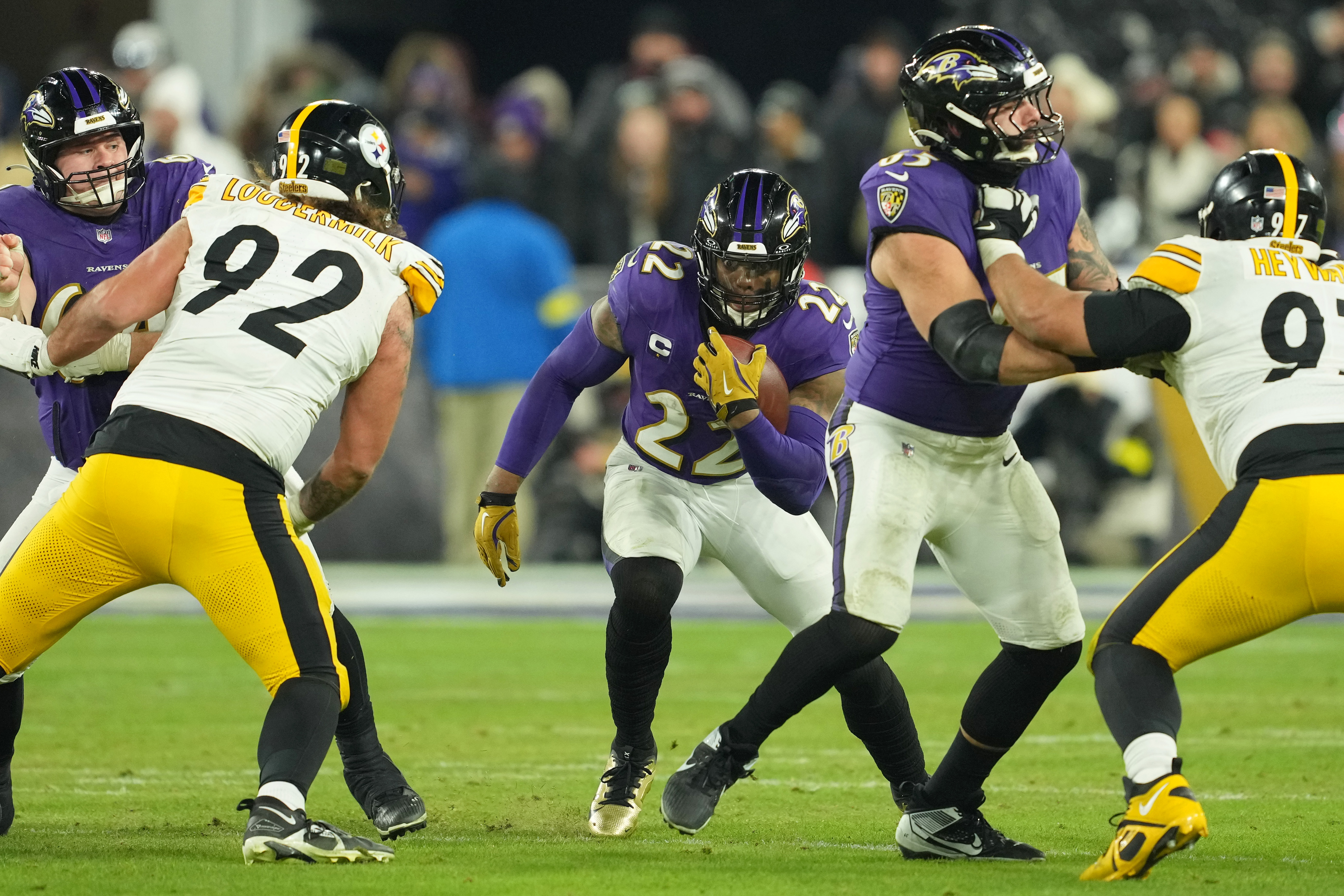 Baltimore Ravens running back Derrick Henry (22) runs as we offer our Ravens vs. Steelers predictions.