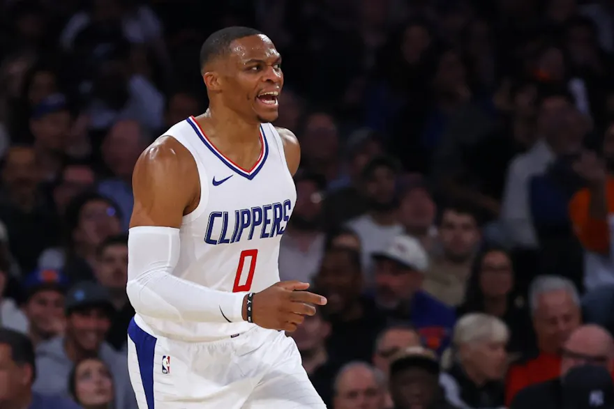 Russell Westbrook #0 of the LA Clippers reacts after making a basket as we make our Nuggets vs. Clippers NBA player props