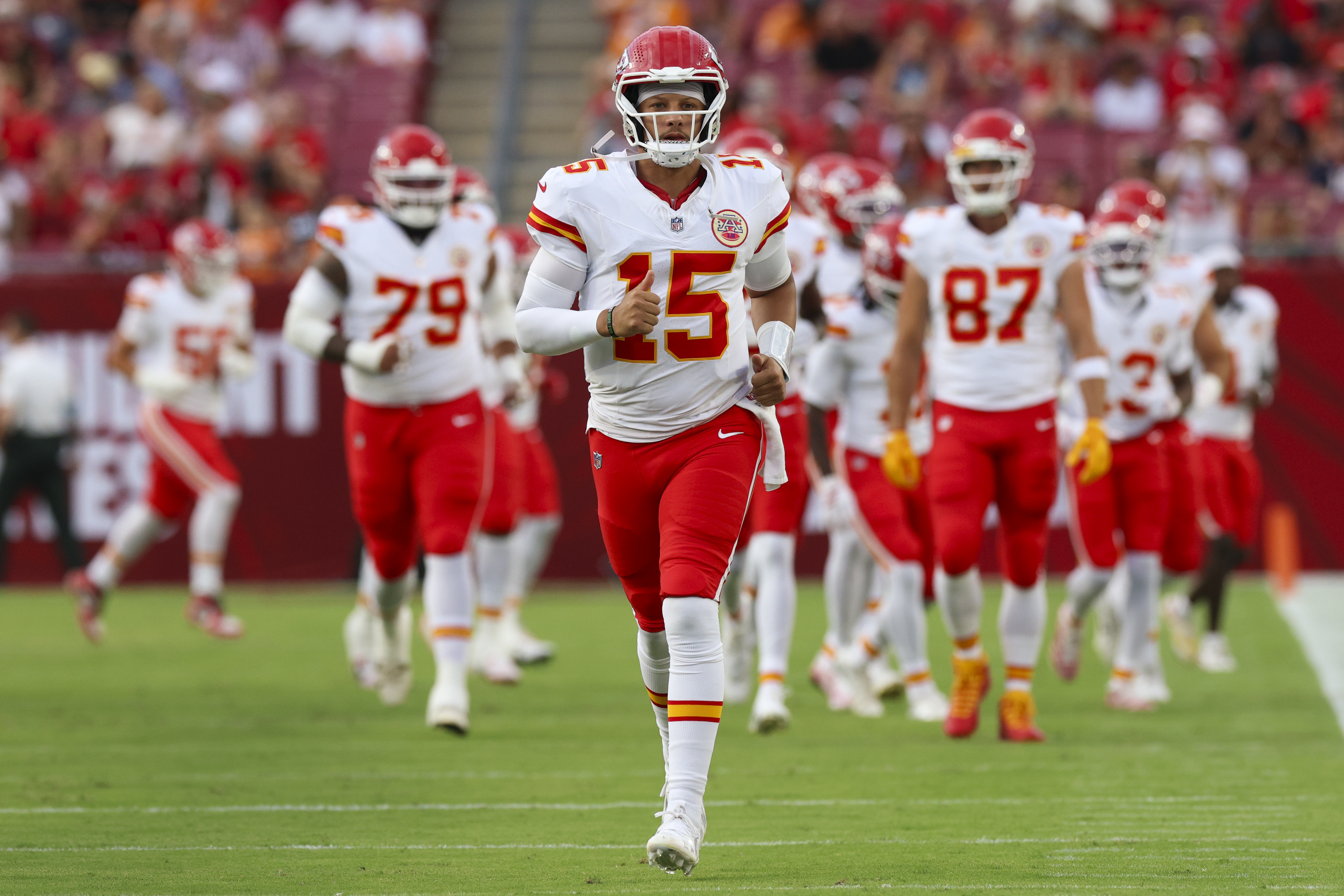 Pictured: KC quarterback Patrick Mahomes as we break down our Broncos vs. Chiefs Prediction. Photo by Nathan Ray Seebeck-Imagn Images.