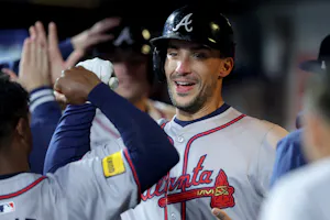 Atlanta Braves first baseman Matt Olson celebrates his two run home run against the New York Mets with teammates in the dugout during the third inning at Citi Field as we look at our home run props.