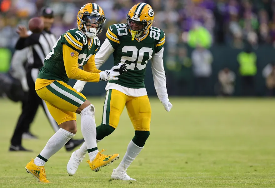 Jaire Alexander #23 of the Green Bay Packers celebrates a defensive stop as we look at our best Packers-Raiders prediction