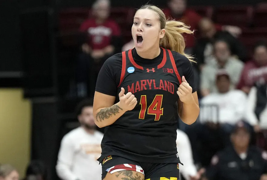 Allie Kubek of the Maryland Terrapins reacts after making a 3-point shot as we look at a possible Betr expansion into Maryland