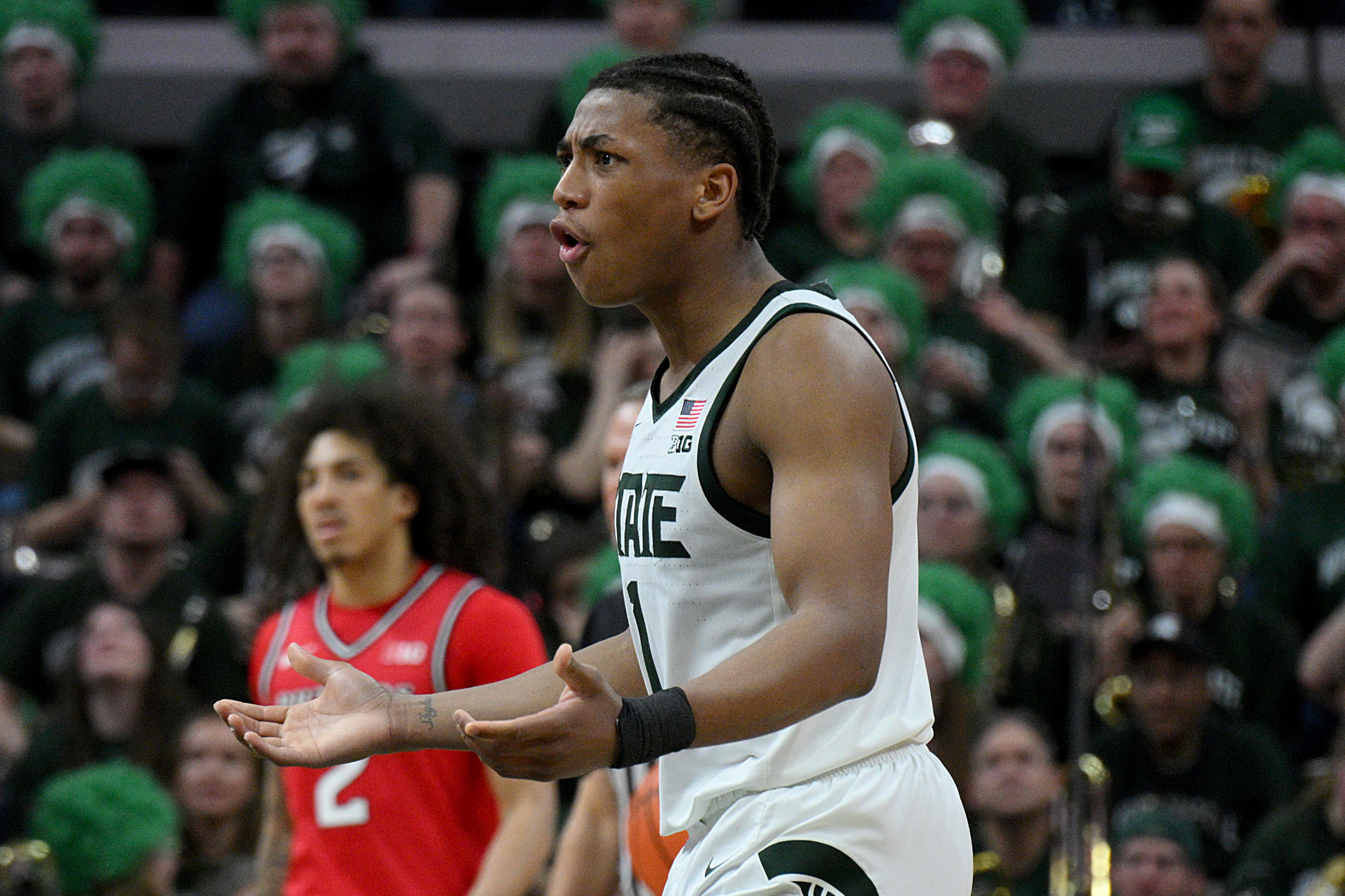 Michigan State Spartans guard Jeremy Fears Jr. (1), seen here reacting during a game, is featured in our Michigan State vs. UConn prediction tonight.