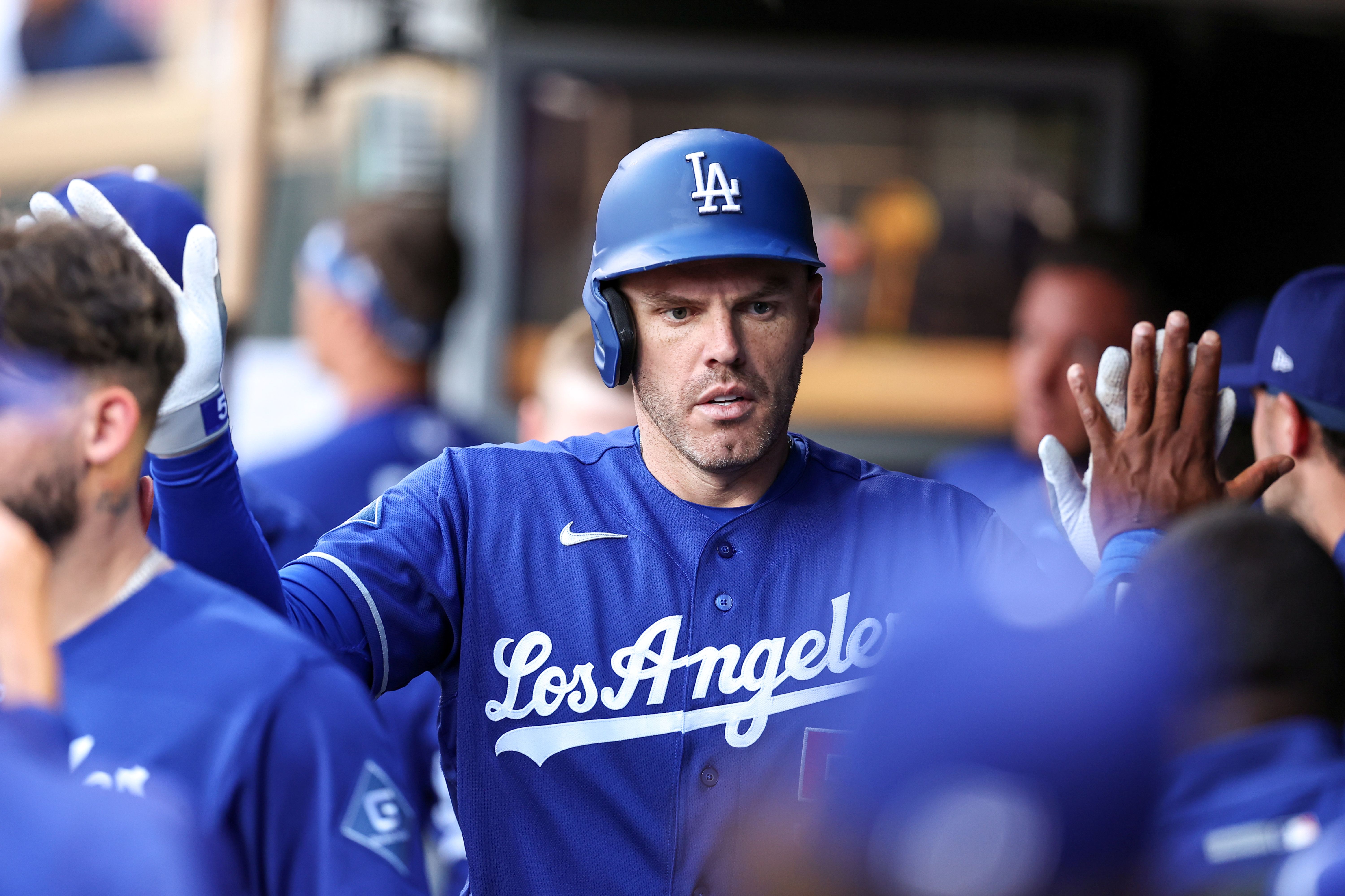 Los Angeles Dodgers first baseman Freddie Freeman celebrates a solo home run, and he's featured in my best home run predictions today.