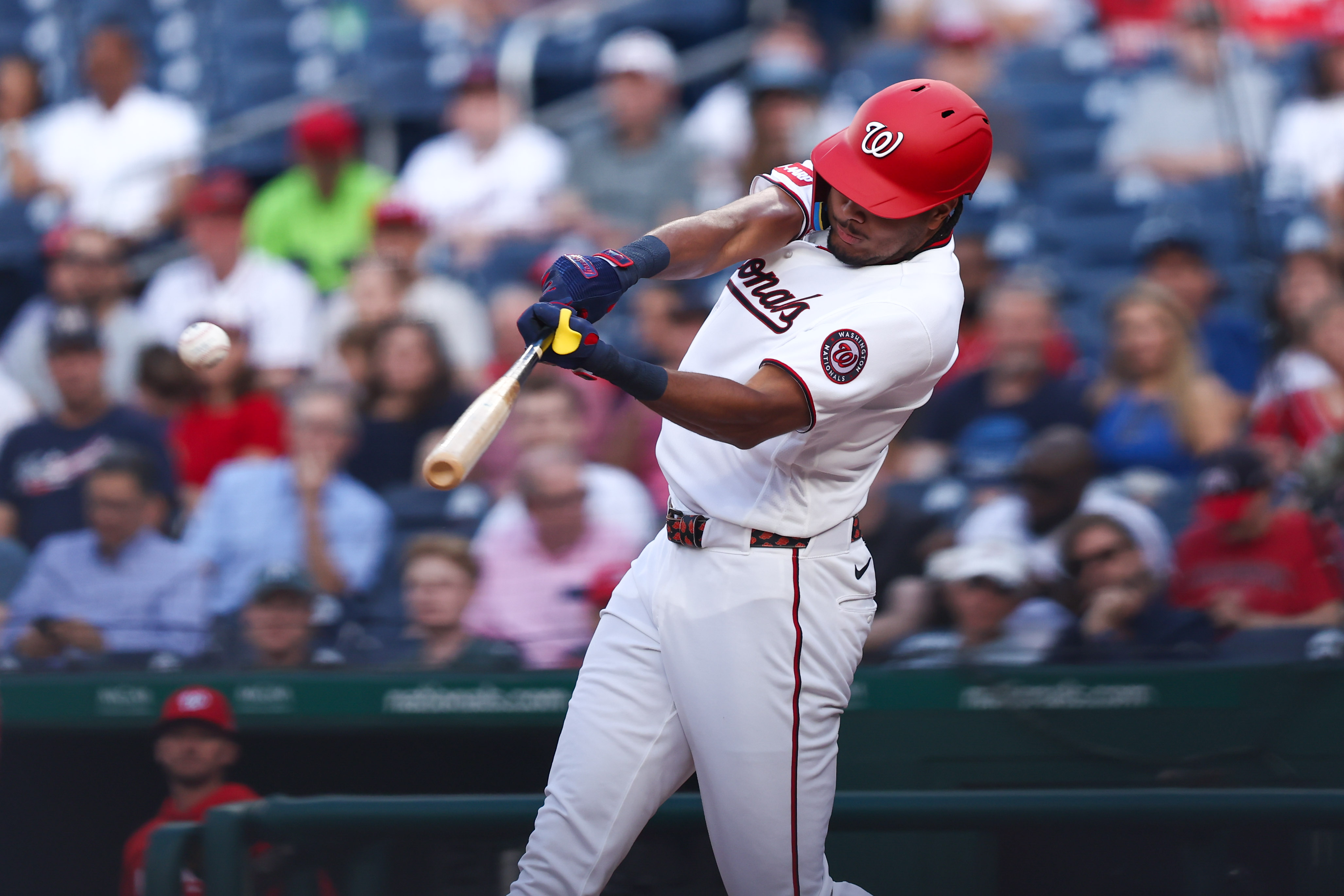 Washington Nationals right fielder James Wood (29) lines the ball as we break down our Nationals vs. Giants prediction & picks.