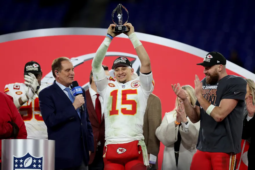 Patrick Mahomes of the Kansas City Chiefs celebrates with the Lamar Hunt Trophy after a 17-10 victory against the Baltimore Ravens as we look at our Super Bowl passing props.