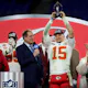 Patrick Mahomes of the Kansas City Chiefs celebrates with the Lamar Hunt Trophy after a 17-10 victory against the Baltimore Ravens as we look at our Super Bowl passing props.
