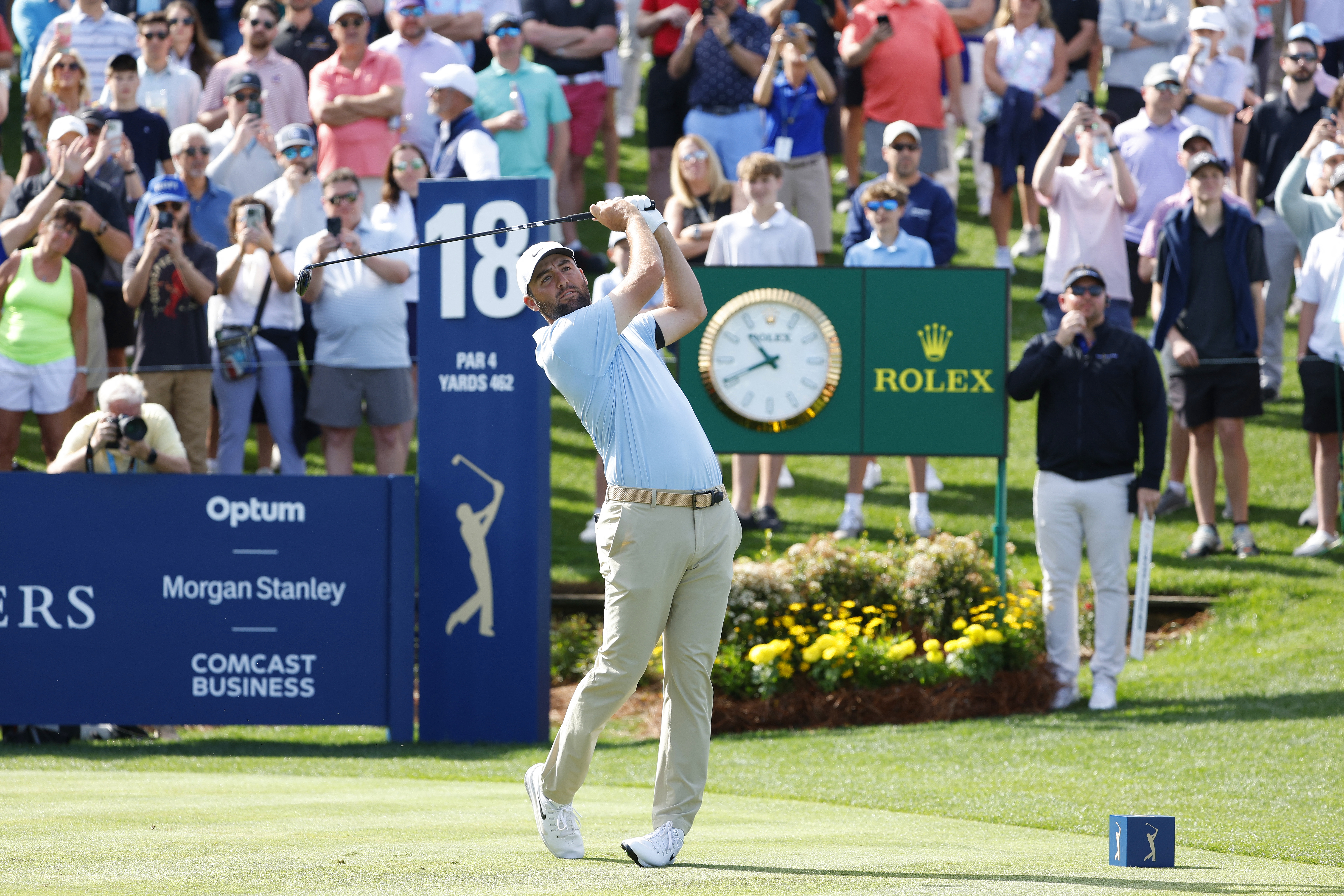 Scottie Scheffler hits off of the 18th tee during the second round of The Players Championship golf tournament at TPC Sawgrass, as we look at The Players Championship odds