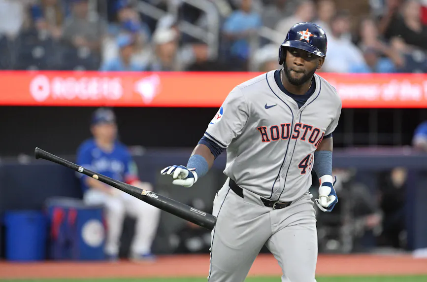 Houston Astros left fielder Yordan Alvarez releases his bat after hitting a three-run home run against the Toronto Blue Jays in the fifth inning at Rogers Centre. We're backing Alvarez in our MLB Player Props.