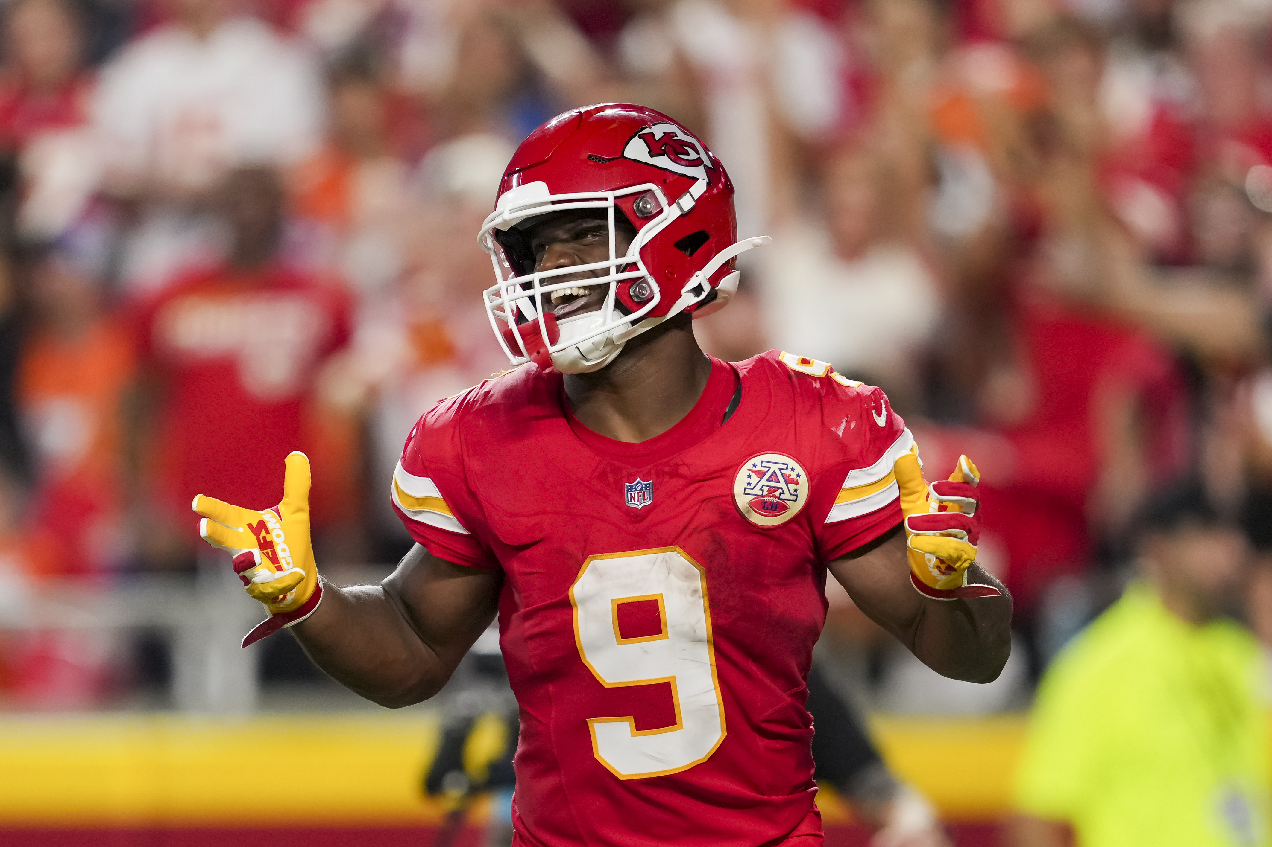 Kansas City Chiefs running back Kenneth Walker III (9) celebrates after scoring a touchdown as he is featured in our Colts vs. Chiefs same-game parlay.