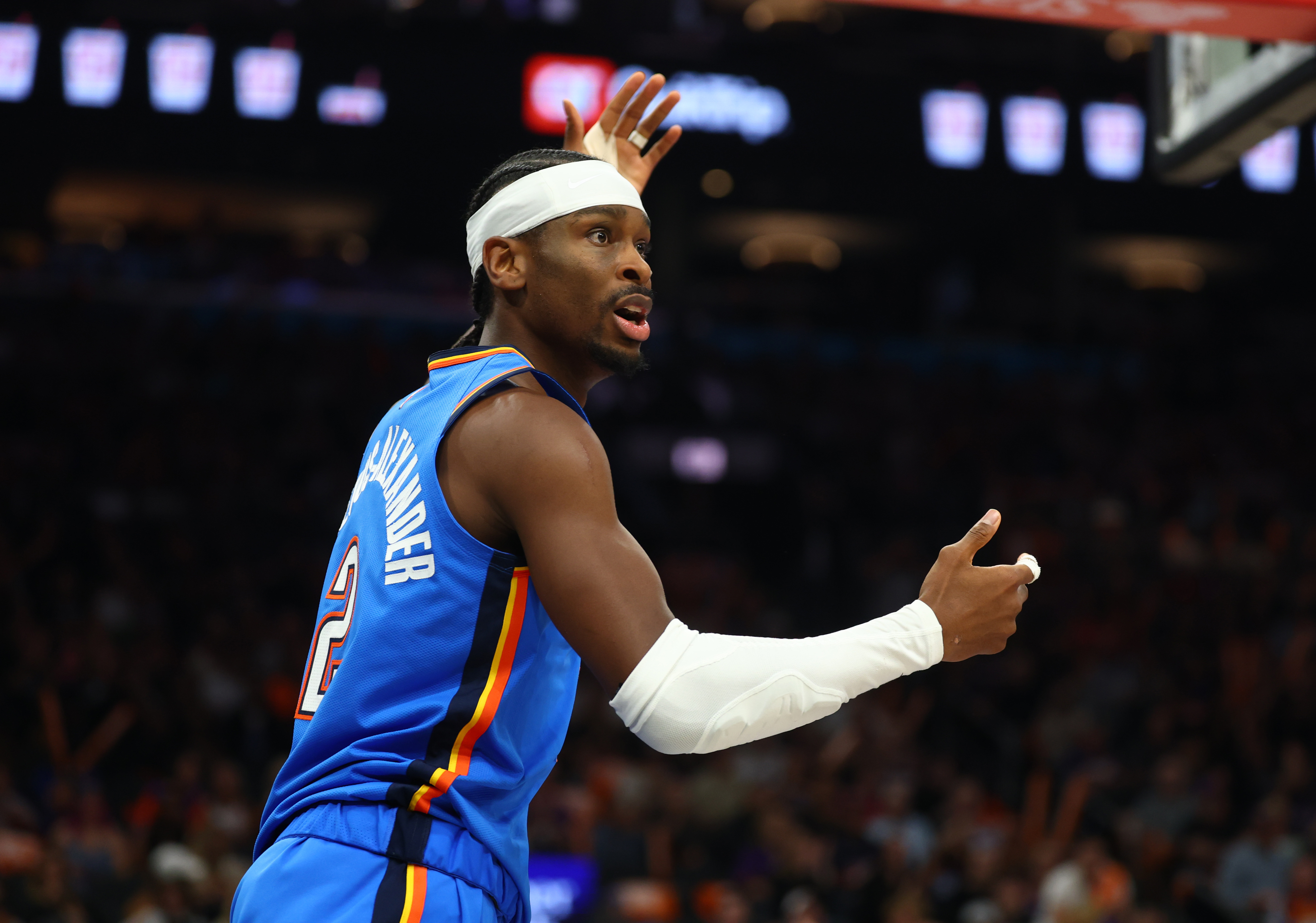 Oklahoma City Thunder guard Shai Gilgeous-Alexander (2) reacts as we break down the 2026 NBA championship odds.