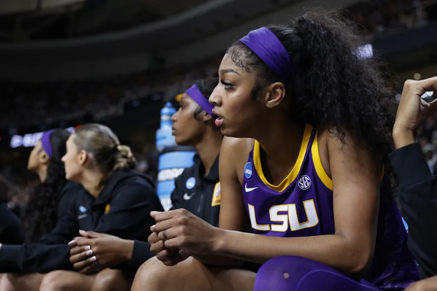 Angel Reese #10 of the LSU Tigers looks on during the first half as we look at Louisiana's upcoming ban of college player props.
