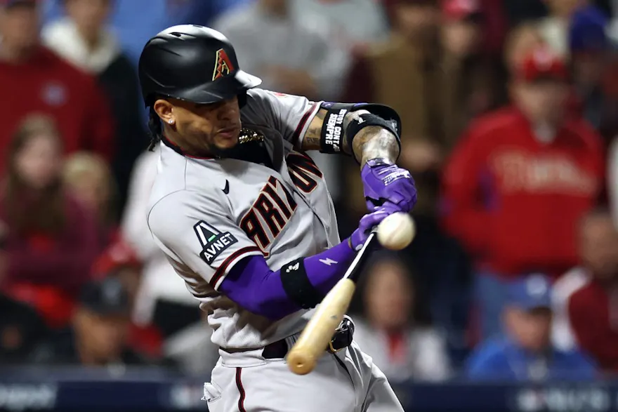 Ketel Marte of the Arizona Diamondbacks hits a double against the Philadelphia Phillies, and we offer our top MLB player props for Rangers vs. Diamondbacks based on the best MLB odds.