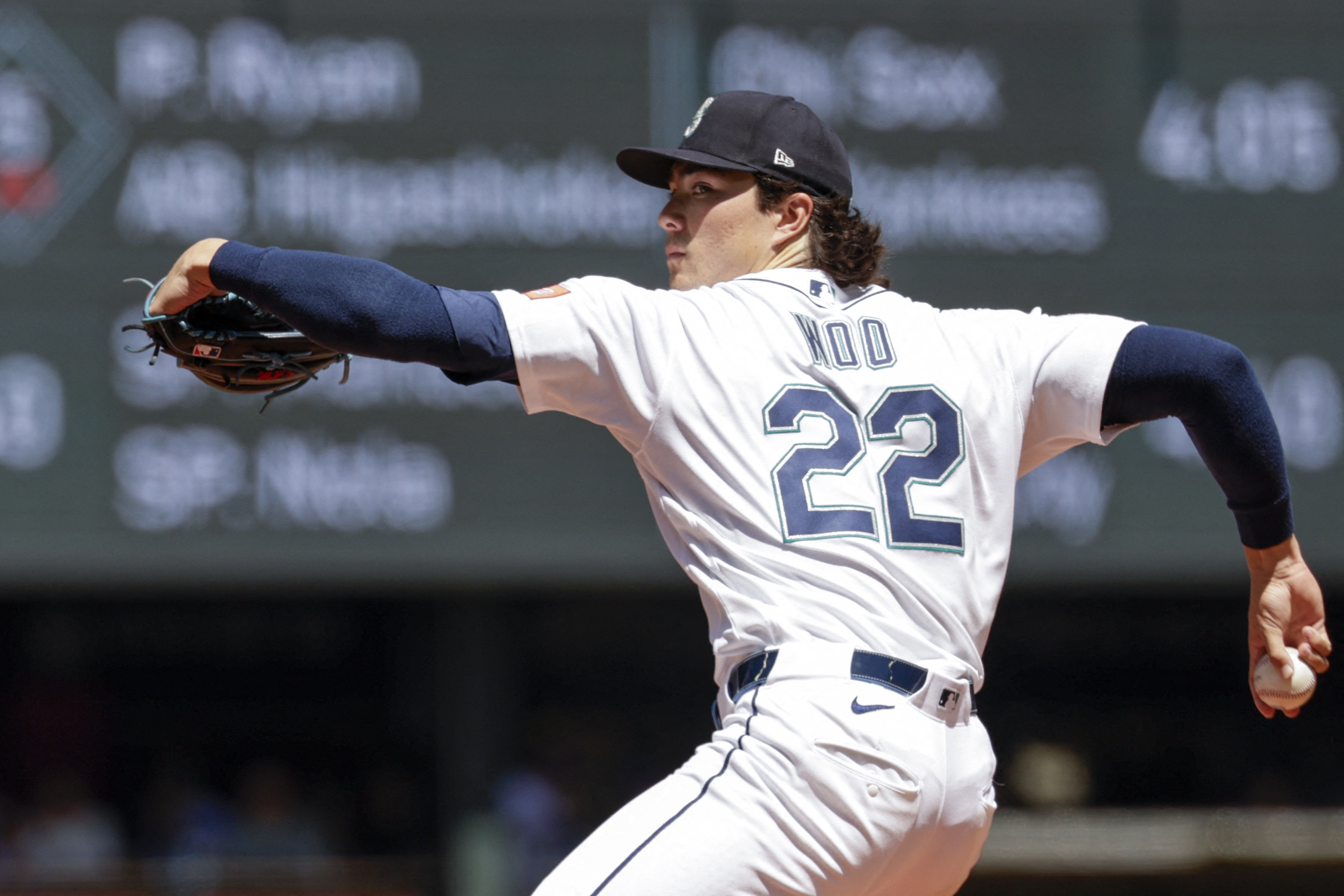 Seattle Mariners starting pitcher Bryan Woo - who's featured in my best NRFI bets today - throws. 