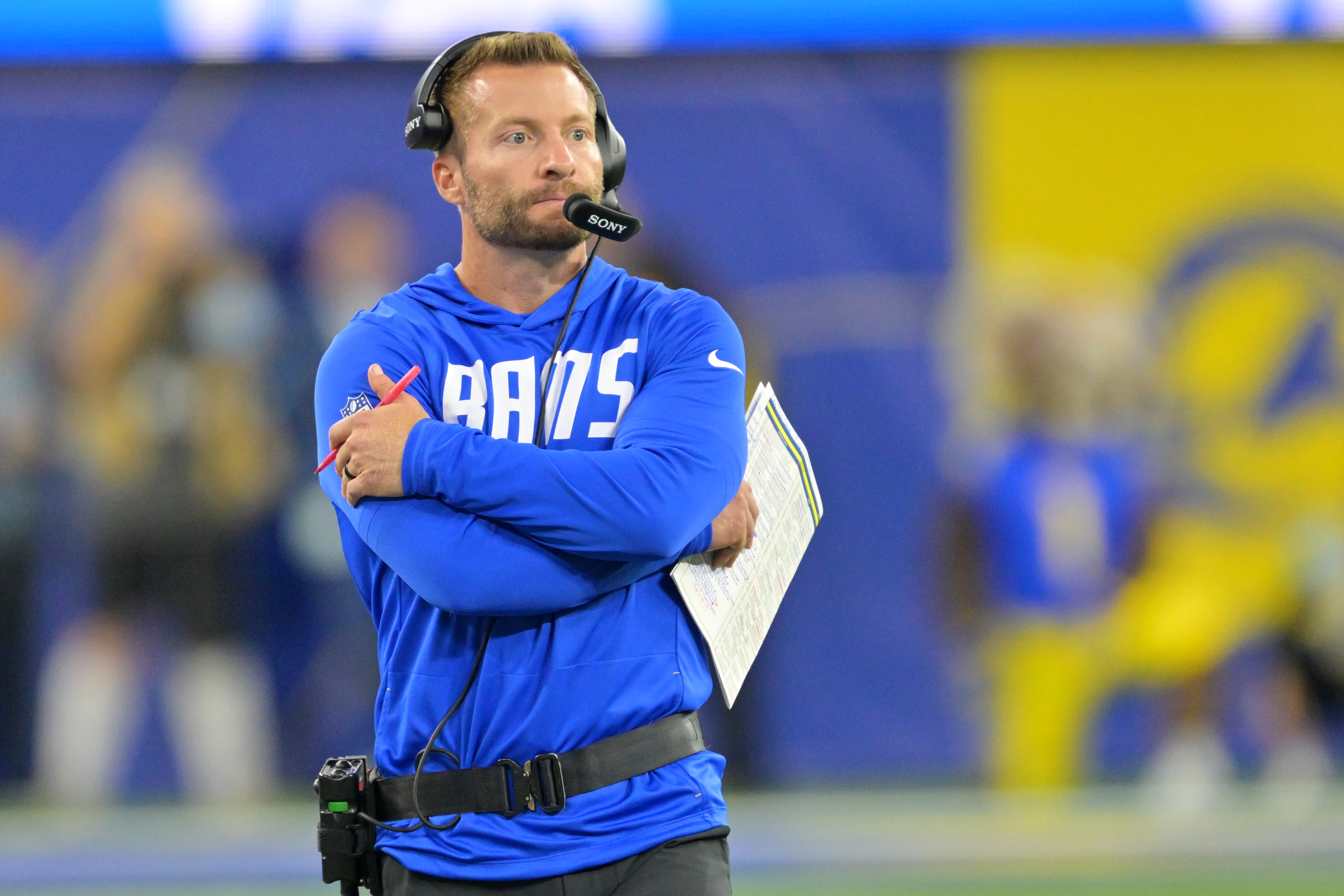 Los Angeles Rams head coach Sean McVay watches during the fourth quarter against the Buffalo Bills at SoFi Stadium as we look at the Super Bowl 61 odds. 