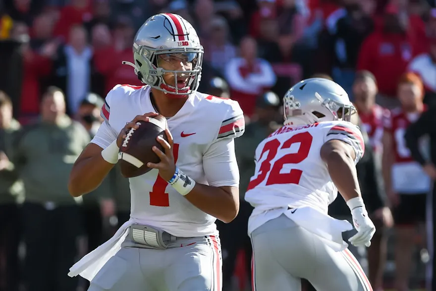 Quarterback C.J. Stroud of the Ohio State Buckeyes drops back to pass against the Nebraska Cornhuskers in the first half at Memorial Stadium.