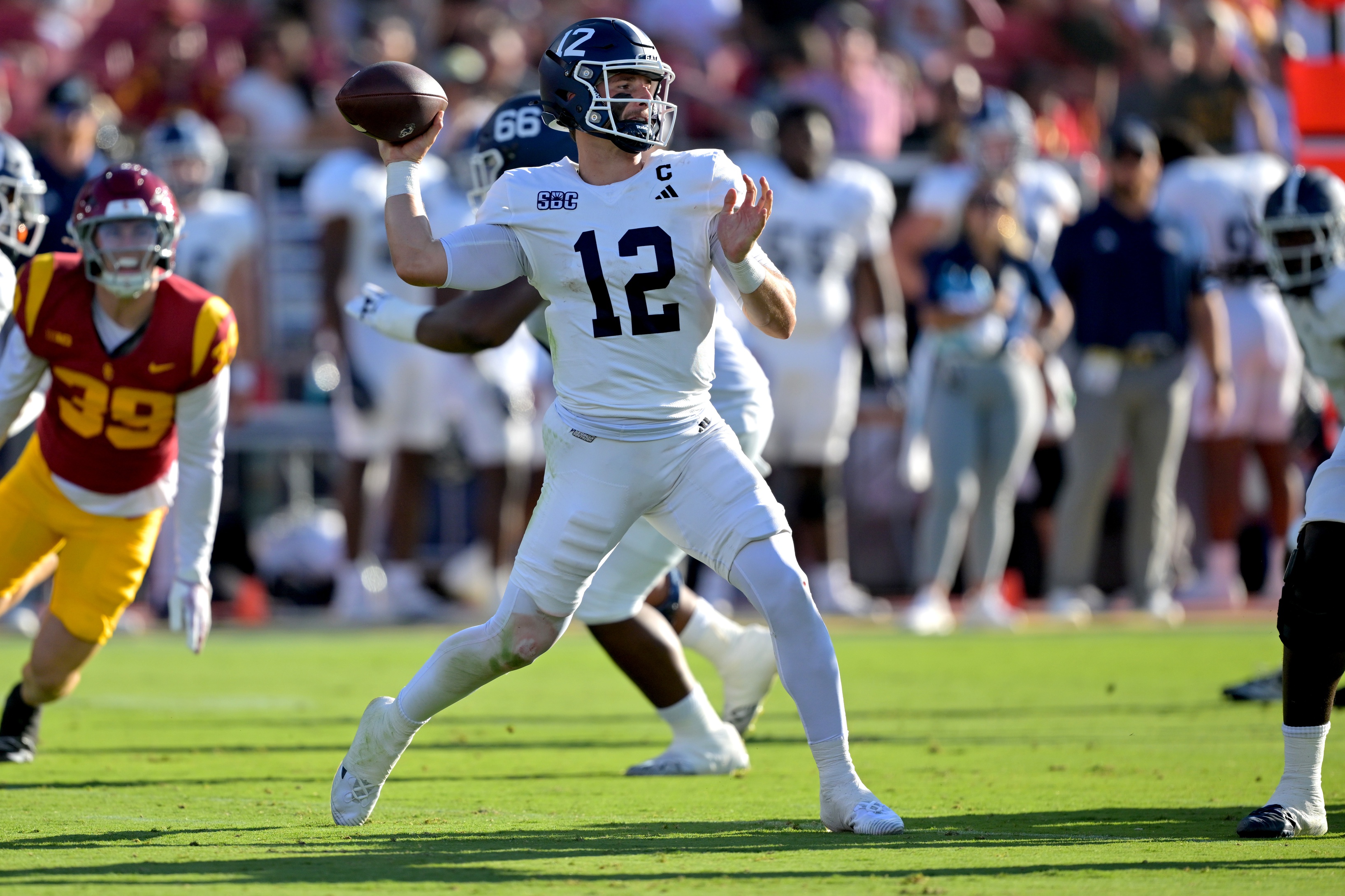 Georgia Southern quarterback JC French IV (12) throws a pass as we offer our Georgia Southern vs. Appalachian State predictions.