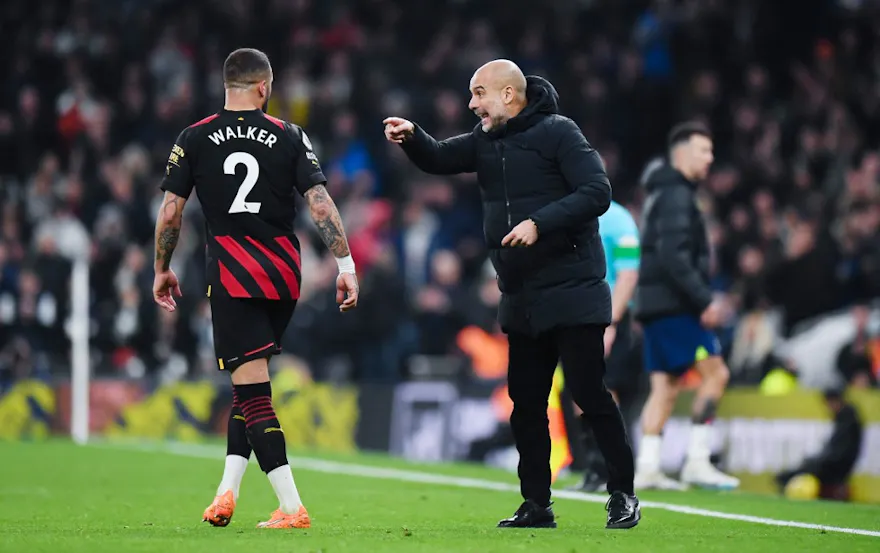 Manchester City manager Pep Guardiola gives instructions to Kyle Walker during a Premier League match at Tottenham Hotspur Stadium in London, England. Photo Ashley Western / Colorsport / DPPI via AFP.
