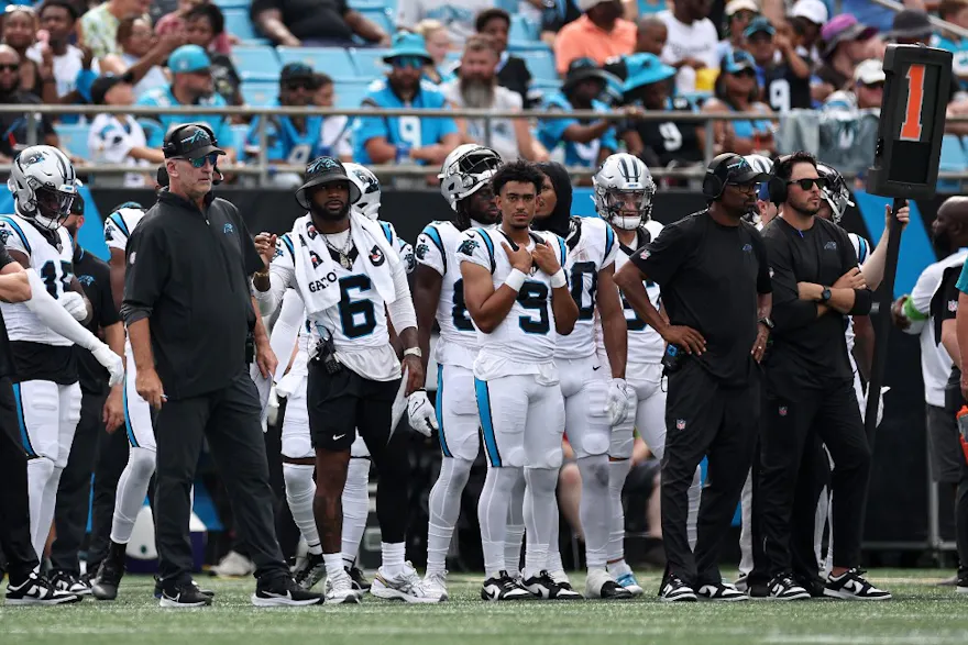 Head coach Frank Reich and Bryce Young of the Carolina Panthers look on from the sideline during the second quarter of a preseason game against the New York Jets, and we offer new U.S. bettors our exclusive BetRivers promo code for Monday Night Football.