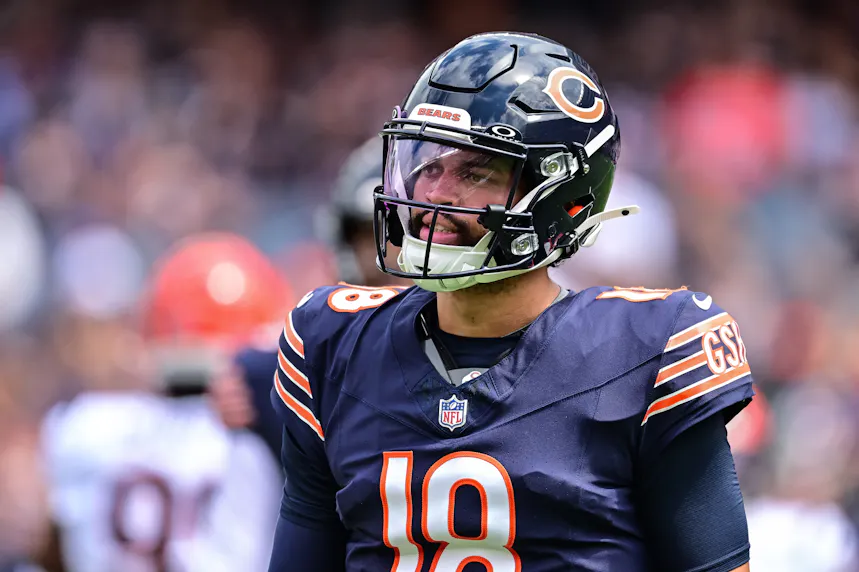 Chicago Bears quarterback Caleb Williams looks on against the Cincinnati Bengals as we look at our Caleb Williams NFL player props.