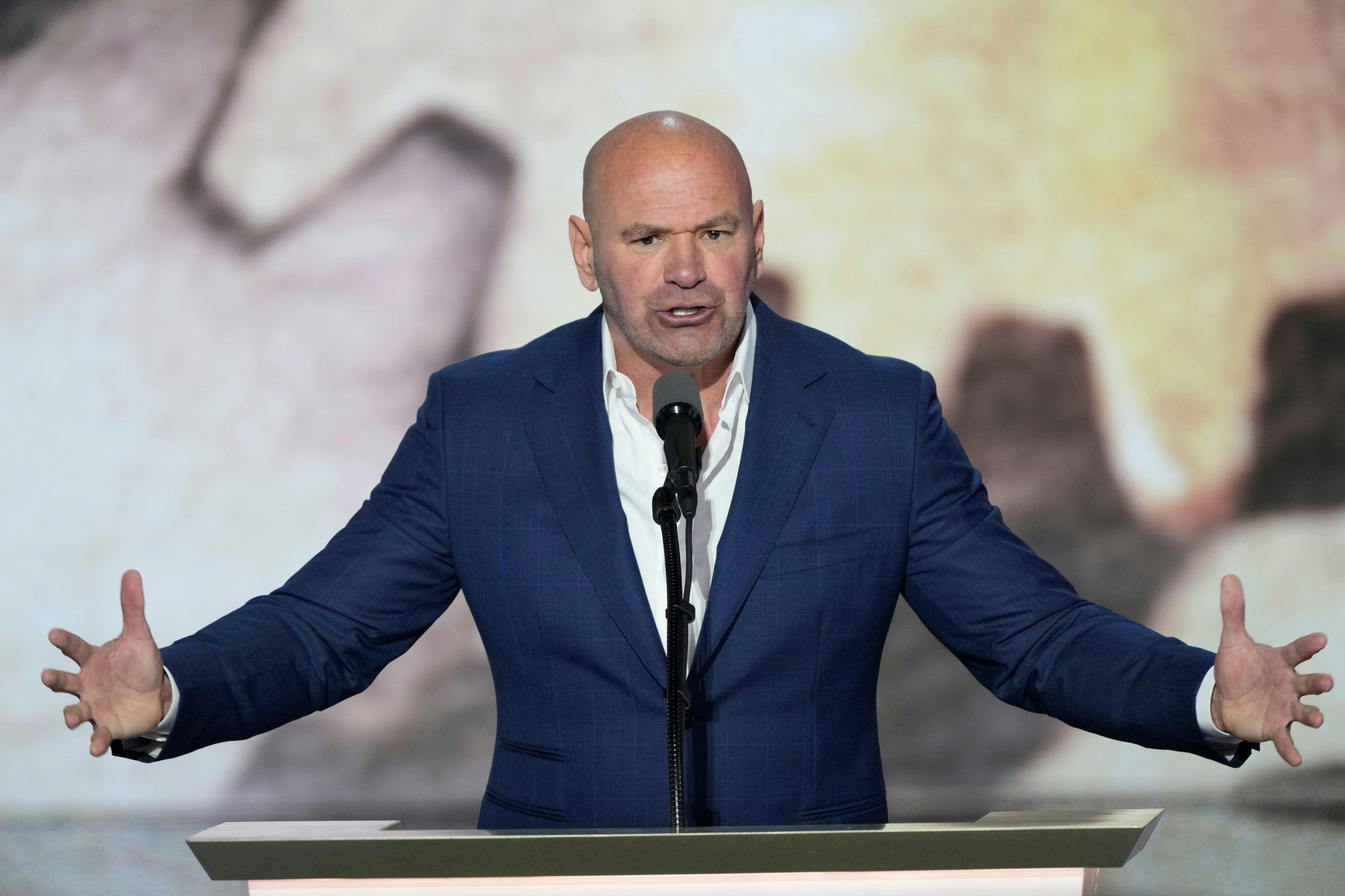 Dana White, CEO of Ultimate Fighting Championship introduces Republican presidential nominee Donald J. Trump during the final day of the Republican National Convention at the Fiserv Forum.