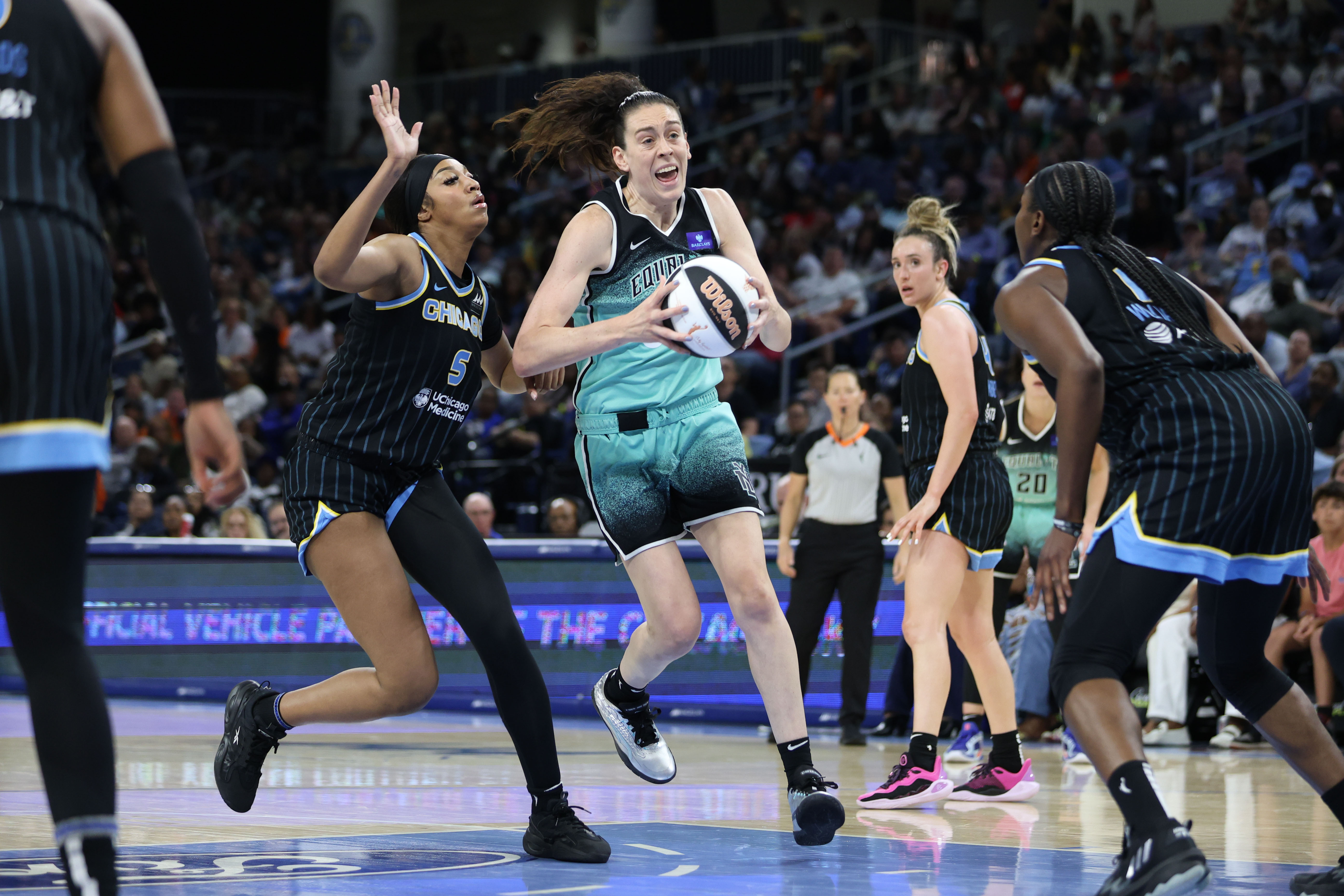 Breanna Stewart (30) in action as we offer our best Liberty vs. Sky prediction and expert picks for Saturday's WNBA matchup at Wintrust Arena in Chicago.