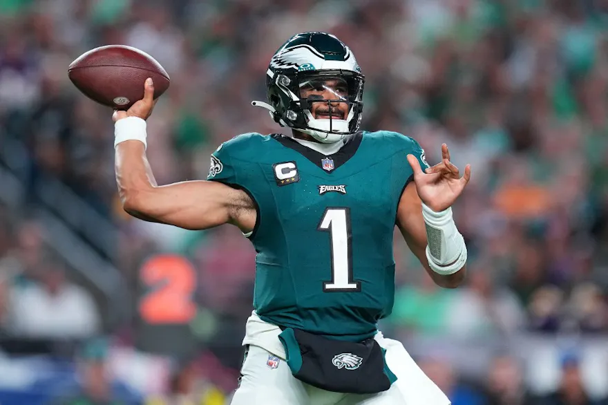 Jalen Hurts of the Philadelphia Eagles passes during the third quarter against the Minnesota Vikings as we look at our Eagles-Buccaneers player prop picks.