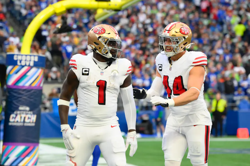San Francisco 49ers wide receiver Deebo Samuel and fullback Kyle Juszczyk celebrate after a touchdown against the Seattle Seahawks.